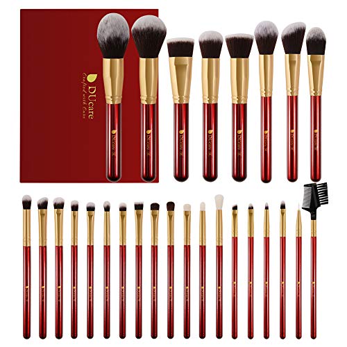 DUcare Brochas de Maquillaje Profesional Rojo 27 pcs Maquillaje Profesional Pinceles Premium Synthetic Maquillaje de Ojos, Rubor, Contorno, Corrector, Pinceles Cosméticos