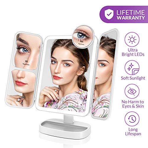 EASEHOLD Espejo Maquillaje con Luz, Triple Espejo Ajustable con Aumentos 10x, 5X, 2X, 1x, 38 LED 180º con Mostrador, Regalos Originales para Mujer, Carga con USB o Batería (Blanco)