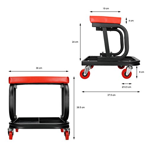 ECD Germany Taburete Mecánico - Mobil con Ruedas Giratorias y Bandeja para Herramientas - Asiento con Carga max. de 150kg - de Acero - Silla Ajustable para Taller Garajes Mecánicos