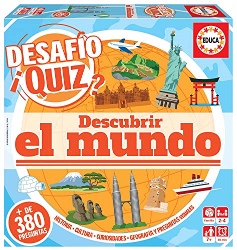 Educa Borrás Desafío Quiz Descubrir El Mundo, Juego de mesa familiar de 380 preguntas de de historia, tradiciones, montañas, etc, a partir de 6 años, color variado (18218) , color/modelo surtido