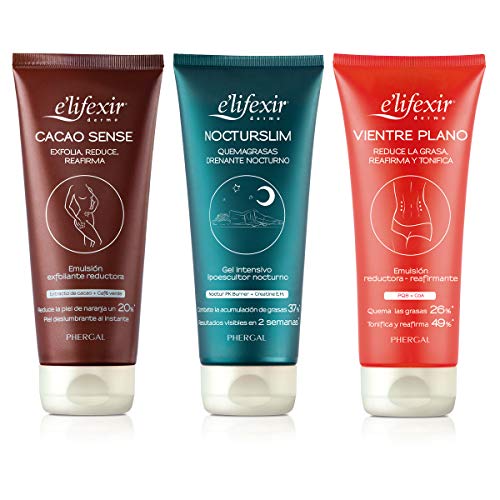 E'lifexir Pack de 3 Cacao Sense, Nocturslim y Vientre Plano - Exfoliante Corporal, Reductor Estrías y Reafirmante + Gel Lipoescultor Noche, Reduce Grasa Localizada y Drenante + Crema Reductora Abdomen