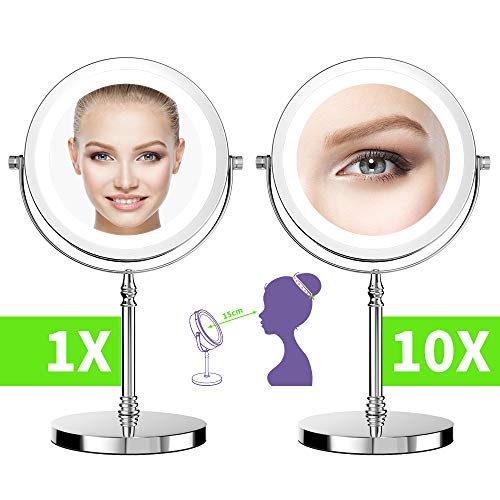 Espejo de maquillaje iluminado, NOTENS Doble cara 1x / 10x Aumento 18 Luces LED 360 Rotación 7 pulgadas Iluminado Maquillaje Espejo de vanidad con luces Acabado de acero inoxidable pulido cromo pulido