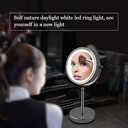 Espejo de maquillaje iluminado, NOTENS Doble cara 1x / 10x Aumento 18 Luces LED 360 Rotación 7 pulgadas Iluminado Maquillaje Espejo de vanidad con luces Acabado de acero inoxidable pulido cromo pulido