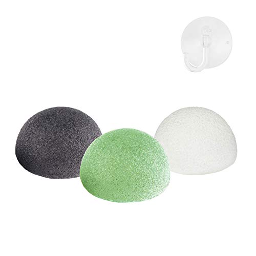 Esponja Konjac Facial 100% Naturales, Esponja Exfoliante Facial, 3PCS Esponja Konjac Cuidado de la Piel Facial y Limpieza Profundamente a la Piel Facial (Negro Carbón, Blanco y Verde）