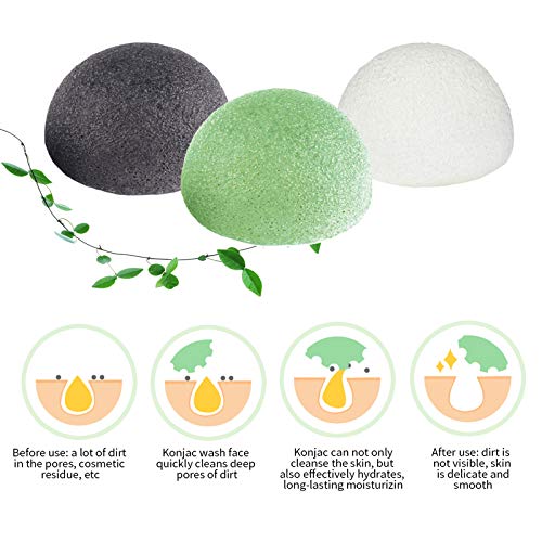 Esponja Konjac Facial (3 Piezas), Konjac Esponge Set para Limpieza y Exfoliación Profunda de Poros, 100% Naturales Carbón de Bambú/Té Verde/Esponja Blanca, Esponjas Faciales para Todo Tipo de Piel