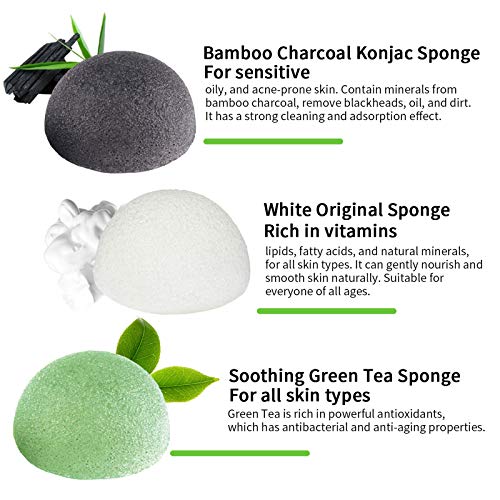 Esponja Konjac Facial (3 Piezas), Konjac Esponge Set para Limpieza y Exfoliación Profunda de Poros, 100% Naturales Carbón de Bambú/Té Verde/Esponja Blanca, Esponjas Faciales para Todo Tipo de Piel