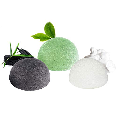 Esponja Konjac Facial (3 Piezas), Konjac Esponge Set para Limpieza y Exfoliación Profunda de Poros, 100% Naturales Carbón de Bambú/Té Verde/Esponja Blanca, Esponjas Faciales para Todo Tipo de Piel