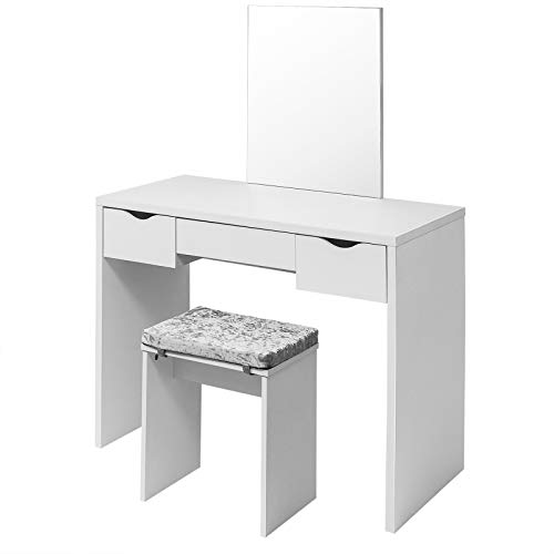 EUGAD Juego Mesa de Tocador con Taburete Tocador Moderno Escritorio con Espejo Mesa de Maquillaje con 3 Cajones Madera 100x49,5x129,5cm Blanco 0011SZT