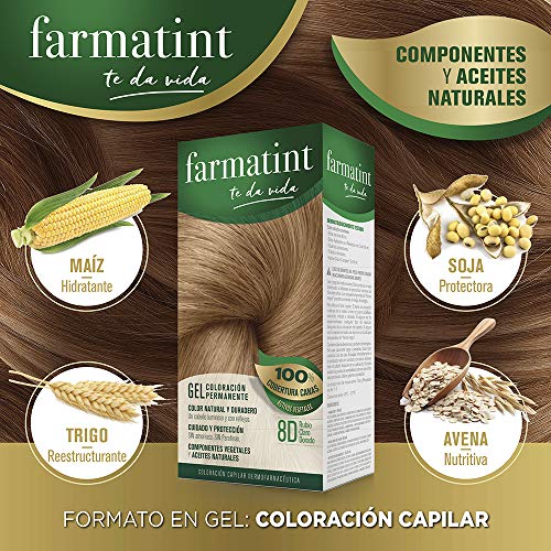 Farmatint Gel 8D Rubio Claro Dorado | Color natural y duradero | Componentes vegetales y aceites naturales | Sin amoníaco | Sin Parabenos | Dermatológicamente testado