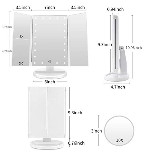 FASCINATE Espejo Maquillaje con Luz, Espejo de Mesa Tríptica Espejo con Aumentos 10x, 3X, 2X, 1x Iluminacíon 21 Led Pantalla Táctil Lámparas Rotación de 180° Espejo Cosmético Carga con USB o Batería