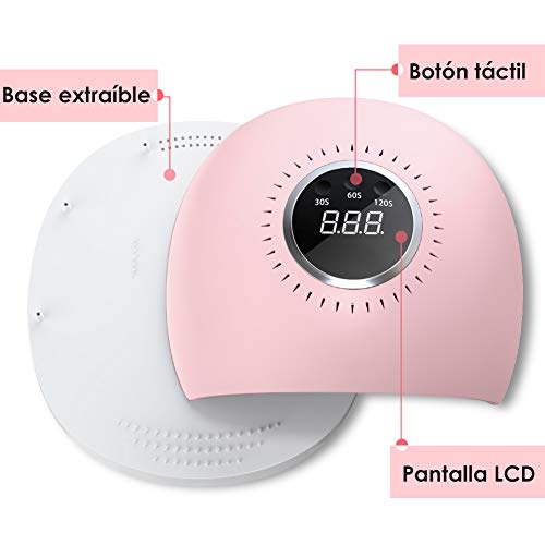 FASHSMILE Lampara LED Uñas, 84W Secador de Uñas Botón Táctil Lampara para Blanquear Incorporada con Pantalla LCD Temporizador de 30 seg, 60 seg, Modo de Calor Bajo 120 seg Secado Rápido Rosa