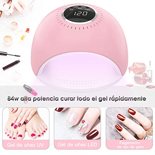 FASHSMILE Lampara LED Uñas, 84W Secador de Uñas Botón Táctil Lampara para Blanquear Incorporada con Pantalla LCD Temporizador de 30 seg, 60 seg, Modo de Calor Bajo 120 seg Secado Rápido Rosa