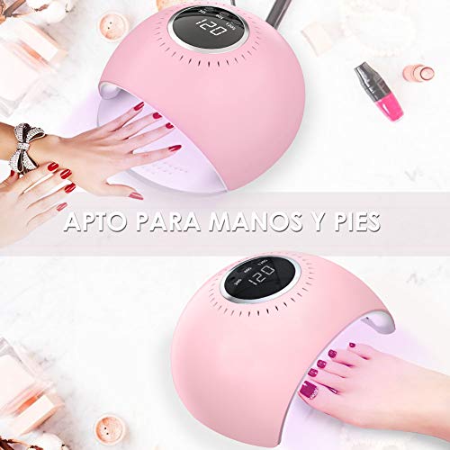 FASHSMILE Lampara LED Uñas, 84W Secador de Uñas Botón Táctil Lampara para Blanquear Incorporada con Pantalla LCD Temporizador de 30 seg, 60 seg, Modo de Calor Bajo 120 seg Secado Rápido Rosa