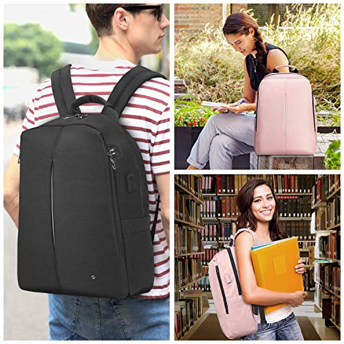 FINPAC Mochila para Portátil, Mochila Escolar de Tela y Nano-Moleculares Repelente al Agua con Puerto de Carga USB para Viaje Mujeres Hombres Se Adapta a Laptop de hasta 15.6", Rosa