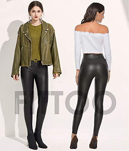 FITTOO Mujeres PU Leggins Cuero Brillante Pantalón Elásticos Pantalones para Mujer300#2 Negro Mate 2XL