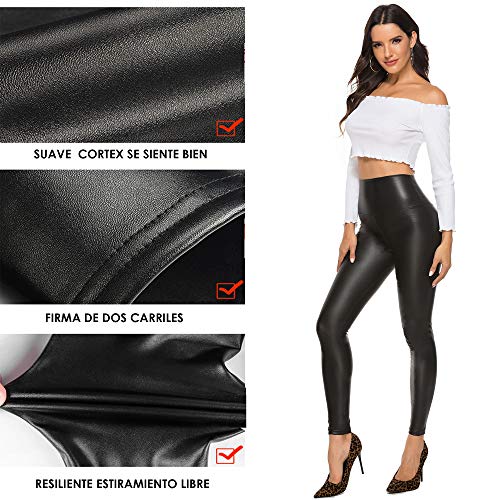 FITTOO Mujeres PU Leggins Cuero Brillante Pantalón Elásticos Pantalones para Mujer300#2 Negro Mate 2XL