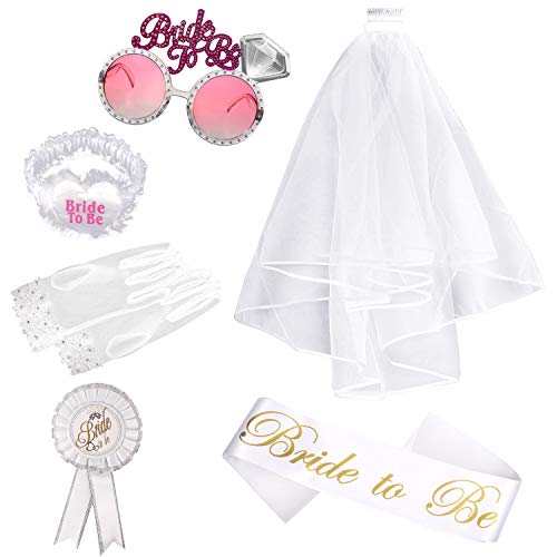 Foonii Set de Novia a Ser Rosetón de Banda y Velo Blanco de Novia de Boda con Peine, Gafas y Guantes para Suministros de Fiesta de Noche de Ducha Nupcial, 6 Pièces