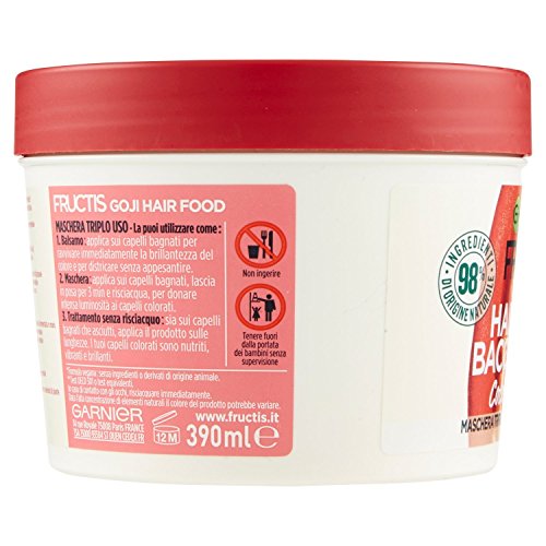 Fructis de Garnier - Mascarilla nutritiva 3 en 1 con bayas de Goji, fórmula vegana para cabellos teñidos, 390 ml