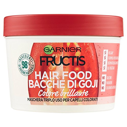 Fructis de Garnier - Mascarilla nutritiva 3 en 1 con bayas de Goji, fórmula vegana para cabellos teñidos, 390 ml