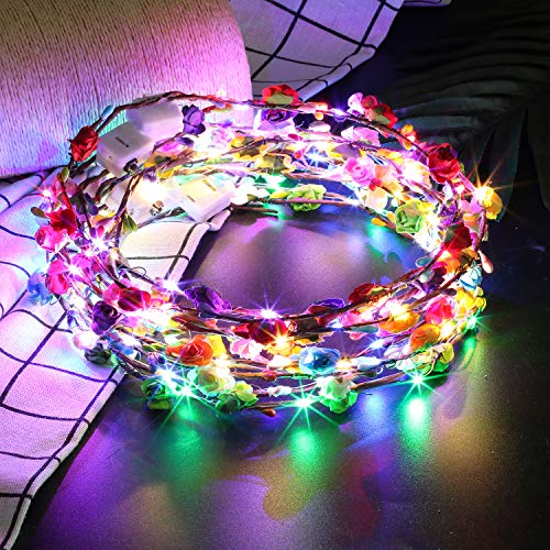 FunPa Corona Flores Led, 7 unids Garland Diademas Luminosas 10 LEDs Bohemia Diadema Flores LED Headwear Floral Corona Tiara Decoración de La Boda Coronas de Flores para Niñas Mujeres