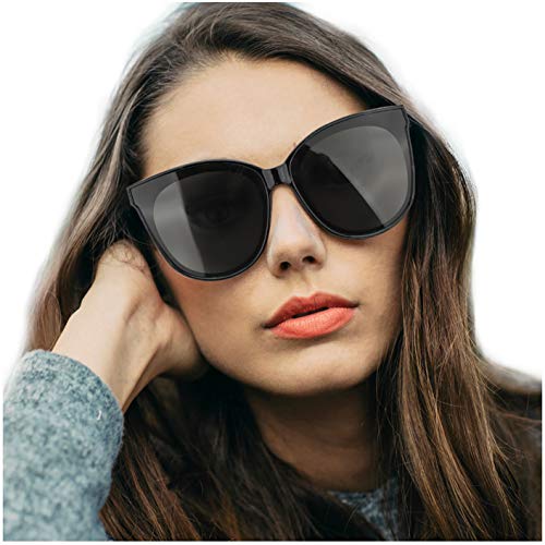 Gafas de sol estilo ojo de gato extragrandes con lentes de protección 100% UV polarizadas para las mujeres que conducen gafas de moda (Marco Negro/Lente Gris)