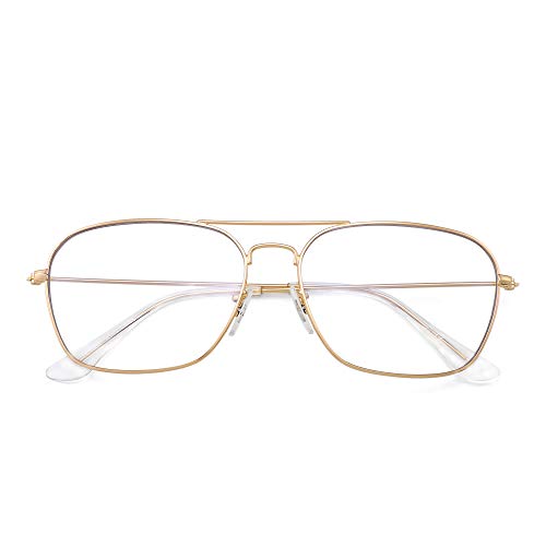 Gafas de Vista Aviador Bloqueo Luz Azul Computadora Mujer Hombre, Cuadradas Proteger Ojos Vídeo Anteojos Anti Deslumbramiento (Marco Dorado Punta del Templo Claro)