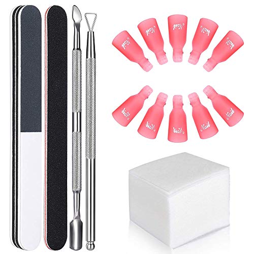 GeekerChip Kit de Herramientas para Uñas Removedor Clip,10 clip para los dedos+100 Removedor Almohadillas+2 Lima de Uñas+1 Raspador+1 Empujador de Cutículas