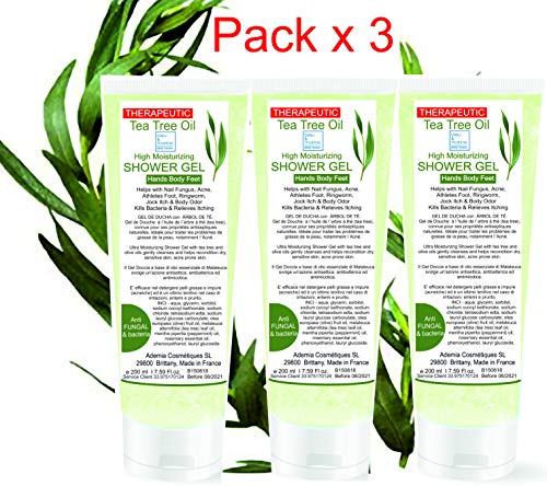 Gel desinfectante antibacteriano GEL DE DUCHA (Pack X 3) Ultra Hidratante Terapéutico concentrado en Aceite Esencial de Árbol de Té Purificante Anti hongos Anti Acné Ge de Baño (3 X 200 ml)