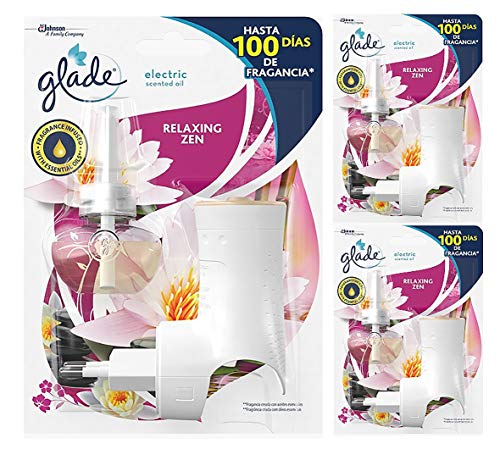 Glade - Ambientador Eléctrico Líquido con aceites esenciales, aroma Relax Zen, hasta 100 días, difusor + recambio [Pack de 3]