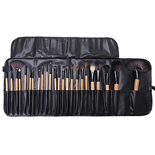 GODGETS 24 Piezas Brochas y Pinceles de Maquillaje Profesional con el Juego de Manijas de Madera - Kit de Cepillo Cosmético con Estuche Sintético,Marrón,24 Piezas