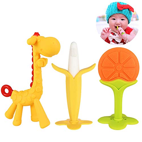 GOLDGE Mordedor para bebé, Mordedor de Fruta para la dentición para bebés,sin BPA Natural Organic Freezer Safe Silicone Teethers-Naranja * 1 + Plátano Blanco * 1 + Jirafa amarilla * 1