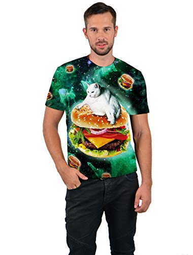 Goodstoworld Divertido Galaxy Hamburguesa Gato Camiseta Impresa Camisas de Verano Funky Cuello Redondo Camiseta tee Tops para Mujer para Hombre XL