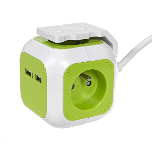 Green Blue Ladrón MagicCube con 4 enchufes y 2 puertos USB, enchufes con puesta a tierra tipo E francés