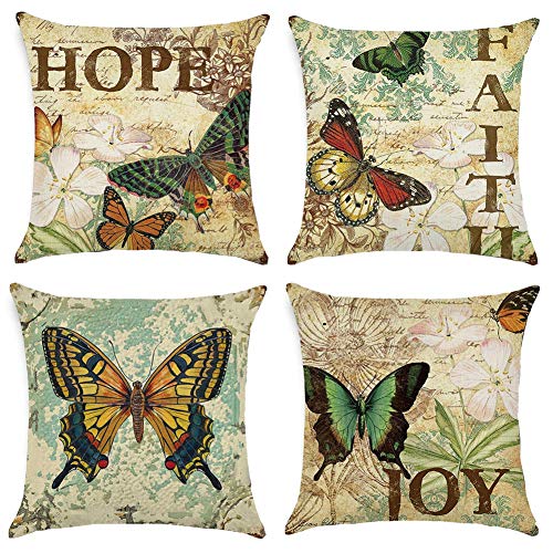 Gspirit 4 Pack clásico Mariposa Algodón Lino Throw Pillow Case Funda de Almohada para Cojín 45x45 cm