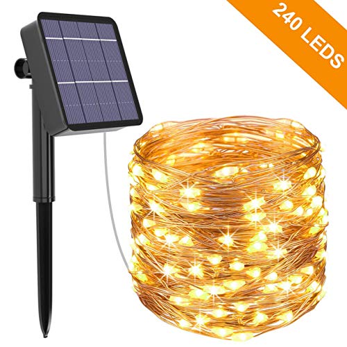 Guirnalda Luces Exterior Solar, Kolpop Cadena de Luces 26 Metros 240 LED, 8 Modos de Luz, Decoración para Navidad, Fiestas, Bodas, Patio, Dormitorio Jardines, Festivales, etc (Blanco Cálido)