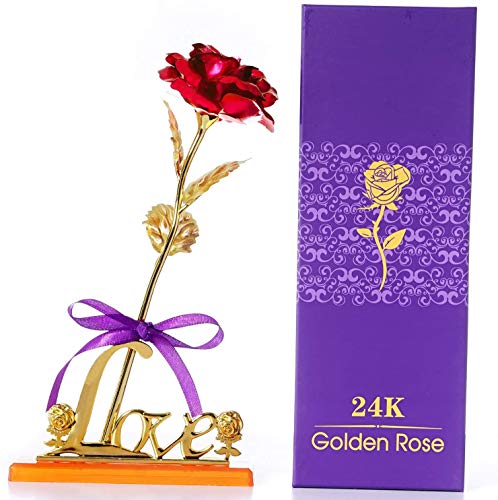 Hoja de Oro 24K Rosa, Flores Artificiales de Rose con Soporte de exhibición en Caja de Regalo, día de San Valentín, día de la Madre, Aniversario, cumpleaños, Boda, Navidad