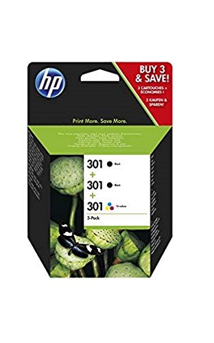 HP 301 E5Y87EE, Pack de 3, Cartuchos de Tinta Originales, 2 Negro + 1 Tricolor, Compatible con impresoras de inyección de tinta DeskJet 1050, 2540,3050;OfficeJet 2620, 4630;ENVY 4500, 5530