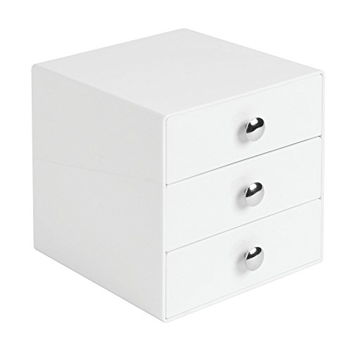 iDesign Organizador de maquillaje con 3 cajones, compacta minicómoda de plástico, mini cajonera cuadrada para productos de belleza y cosméticos, blanco