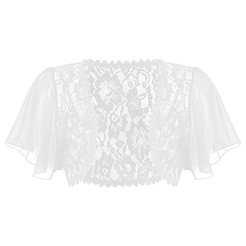 IEFIEL Cárdigan Corto Mujer Gasa Verano Bolero Encaje Manga Corta de Fiesta Boda Chaqueta Corta Primavera Torera Elegante Shrug Top Blanco 2X-Large