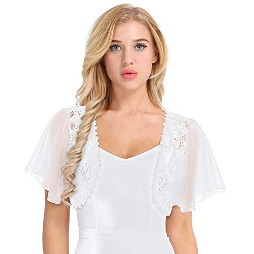 IEFIEL Cárdigan Corto Mujer Gasa Verano Bolero Encaje Manga Corta de Fiesta Boda Chaqueta Corta Primavera Torera Elegante Shrug Top Blanco 2X-Large