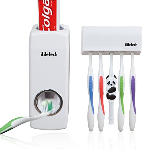 iLifeTech - Dispensador de Pasta de Dientes Automático y Portacepillos de Dientes – Práctico Set de Baño Familiar con Soporte de Cepillos de Dientes y Dosificador de Pasta Dental - Ideal para Niños