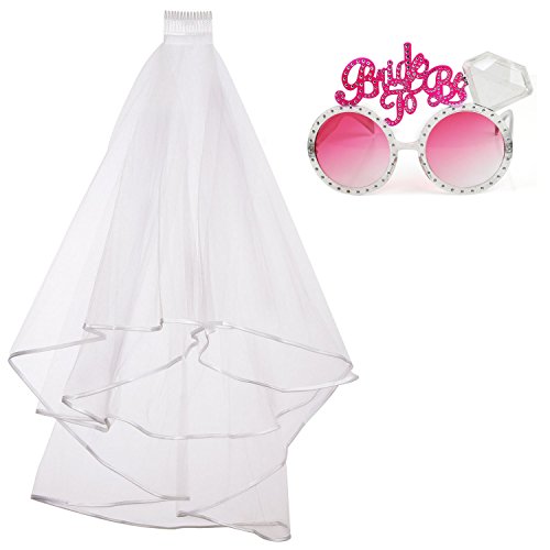 InnoBase "Novia a ser para los Partidos de gallina Favors Accesorios Funny Novia de ser Blanco Nupcial Velo de Boda con Peine y Gafas de Sol con inscripción 2pcs