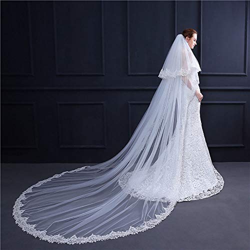 JFSKD Velo de Novia, Doble Capa con Delicado Encaje Peinado, Largo Velo, Peinado romántico de Novia, Primera Capa de Tul Suave a 60 CM, Velo de Novia 3M de Segunda Capa,White