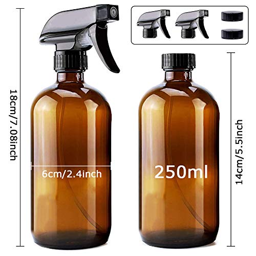 JINLE 2 Pack 250 ml botella de spray de vidrio ámbar vacía recargable fina niebla disparador, niebla y modo único ideal para aceites esenciales, limpieza