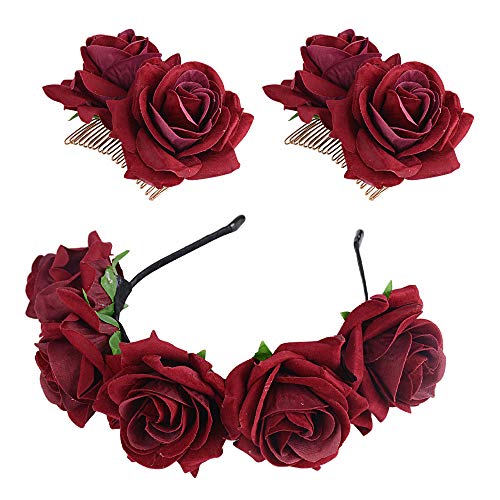 JNCH Kit de Diadema de Flores - 1pcs Corona Flores Diadema de Pelo + 2pcs Peinetas de Pelo Tiara Flores Rojas para Mujer Chica Bailarina de Flamenco Novia Nupcial Boda Comunión Fiesta Forma de Rosa