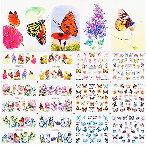 Kalolary 12 Diseño Mariposa Nail Art Pegatinas de transferencia de agua Calcomanías Deslizadores polacos Flores Cubierta completa Láminas de tatuaje para mujeres Uñas Uñas de los pies Decoración