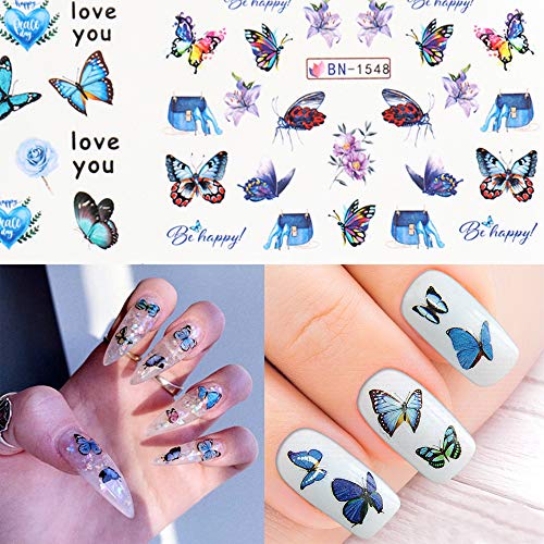 Kalolary 12 Diseño Mariposa Nail Art Pegatinas de transferencia de agua Calcomanías Deslizadores polacos Flores Cubierta completa Láminas de tatuaje para mujeres Uñas Uñas de los pies Decoración