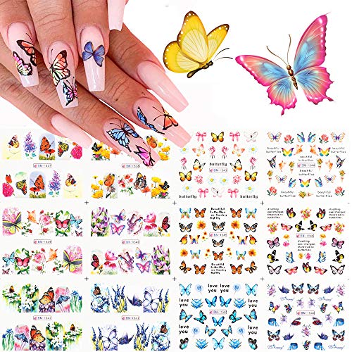 Kalolary 12 Diseño Mariposa Nail Art Pegatinas de transferencia de agua Calcomanías Deslizadores polacos Flores Cubierta completa Láminas de tatuaje para mujeres Uñas Uñas de los pies Decoración