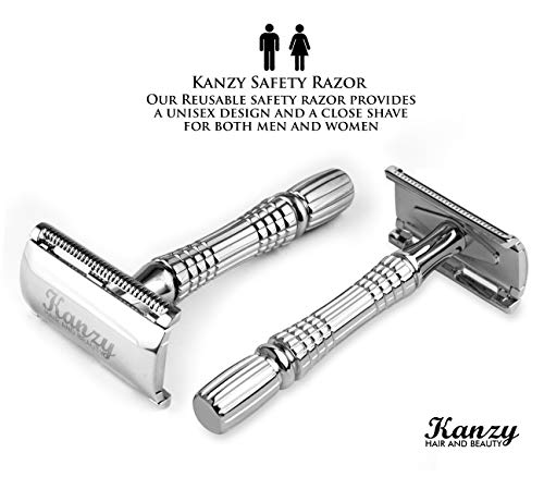 Kanzy Maquinilla de Afeitar Clasica de Doble Filo para Hombre y Mujer Afeitado Manual Safety Razor, Set de Afeitado con Espejo Integrado Adecuado para Todos Cuchilla de Afeitar Clasica