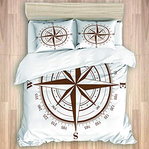 KASMILN Bedding Juego Funda Edredón,Mapa Marrón Brújula Rosa Blanco Náutico Viejo Viento Estrella Latitud Longitud Mundo,Microfibra Funda Nórdico y Fundas Almohada (Cama 140x200cm+Almohada 50X80cm)